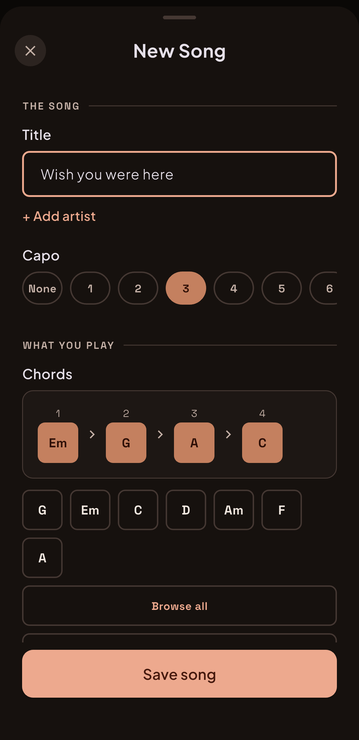 Adding a song in Guitar Brain: title, capo and chord progression.