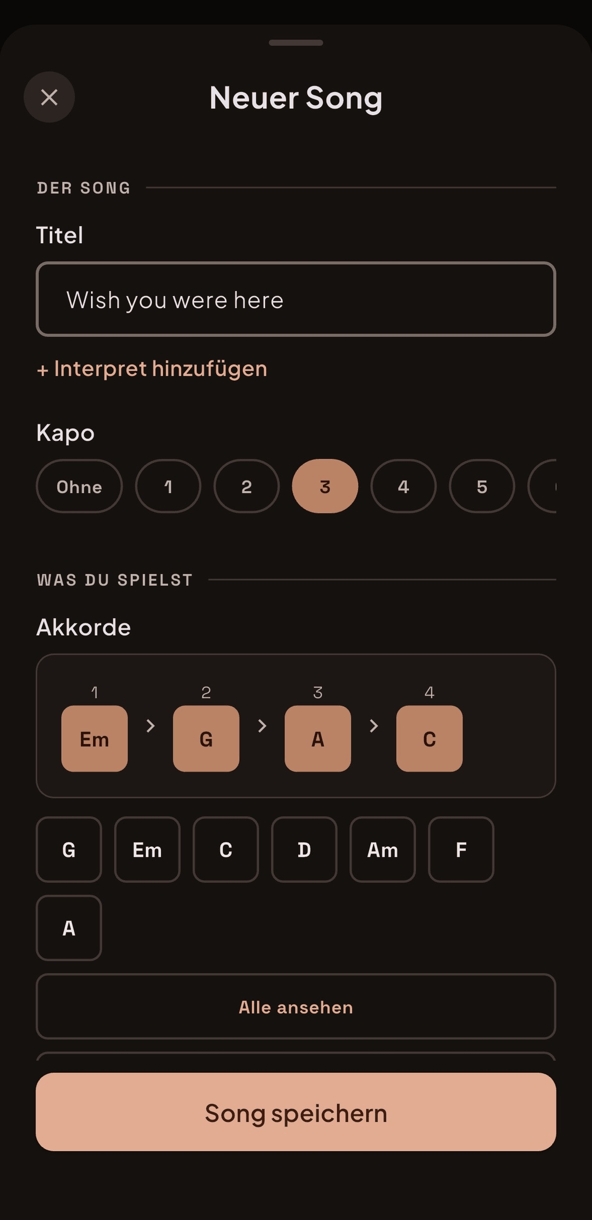 Einen Song in Guitar Brain anlegen: Titel, Kapo und Akkordfolge.