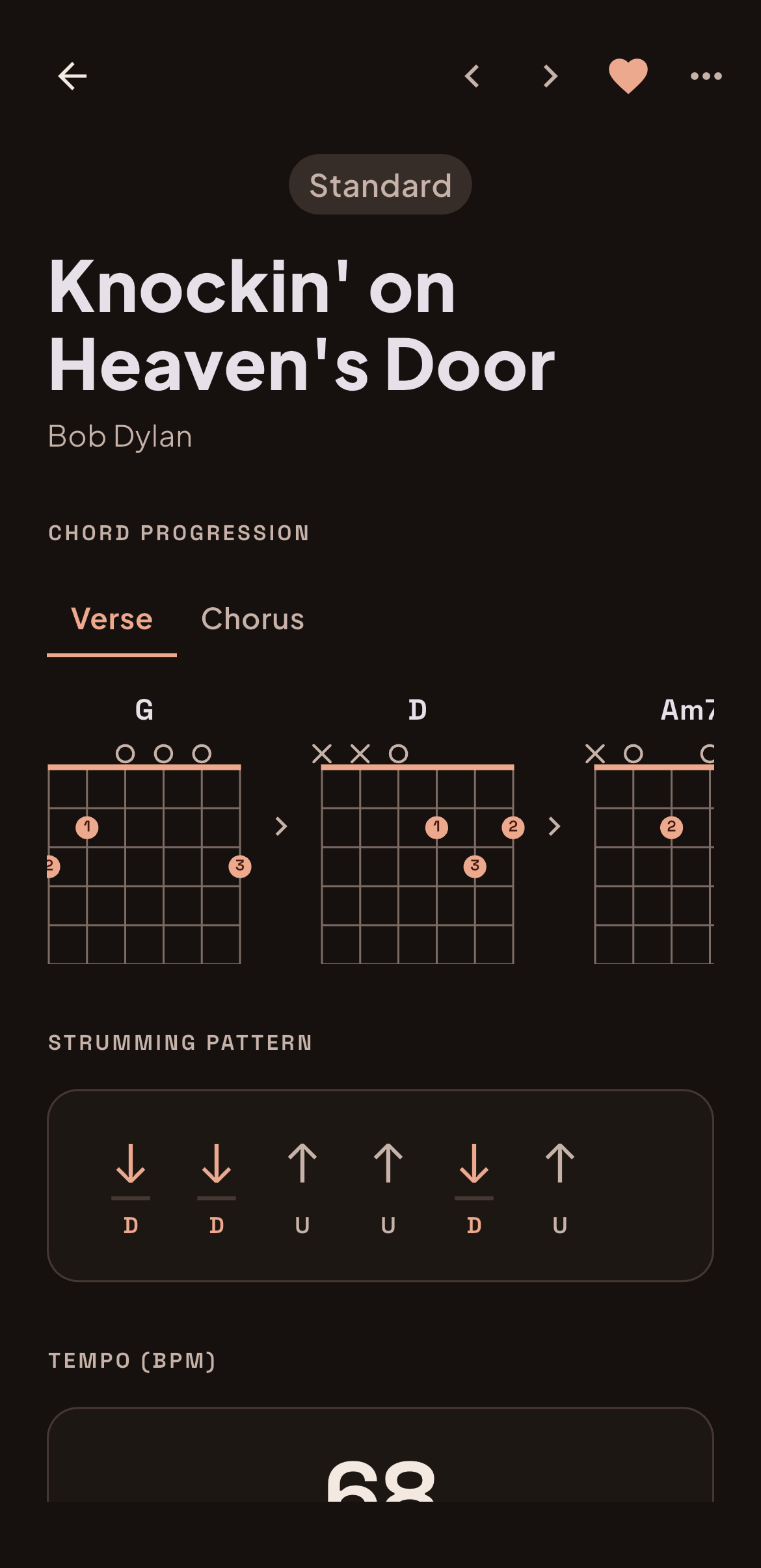 A song open in Guitar Brain, with chord diagrams and its strumming pattern.